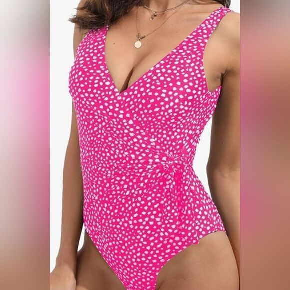 One Piece Swimsuit Low Back Tummy Control Ruched Retro Bathing Suit V Neck Wrap - Picture 3 of 8